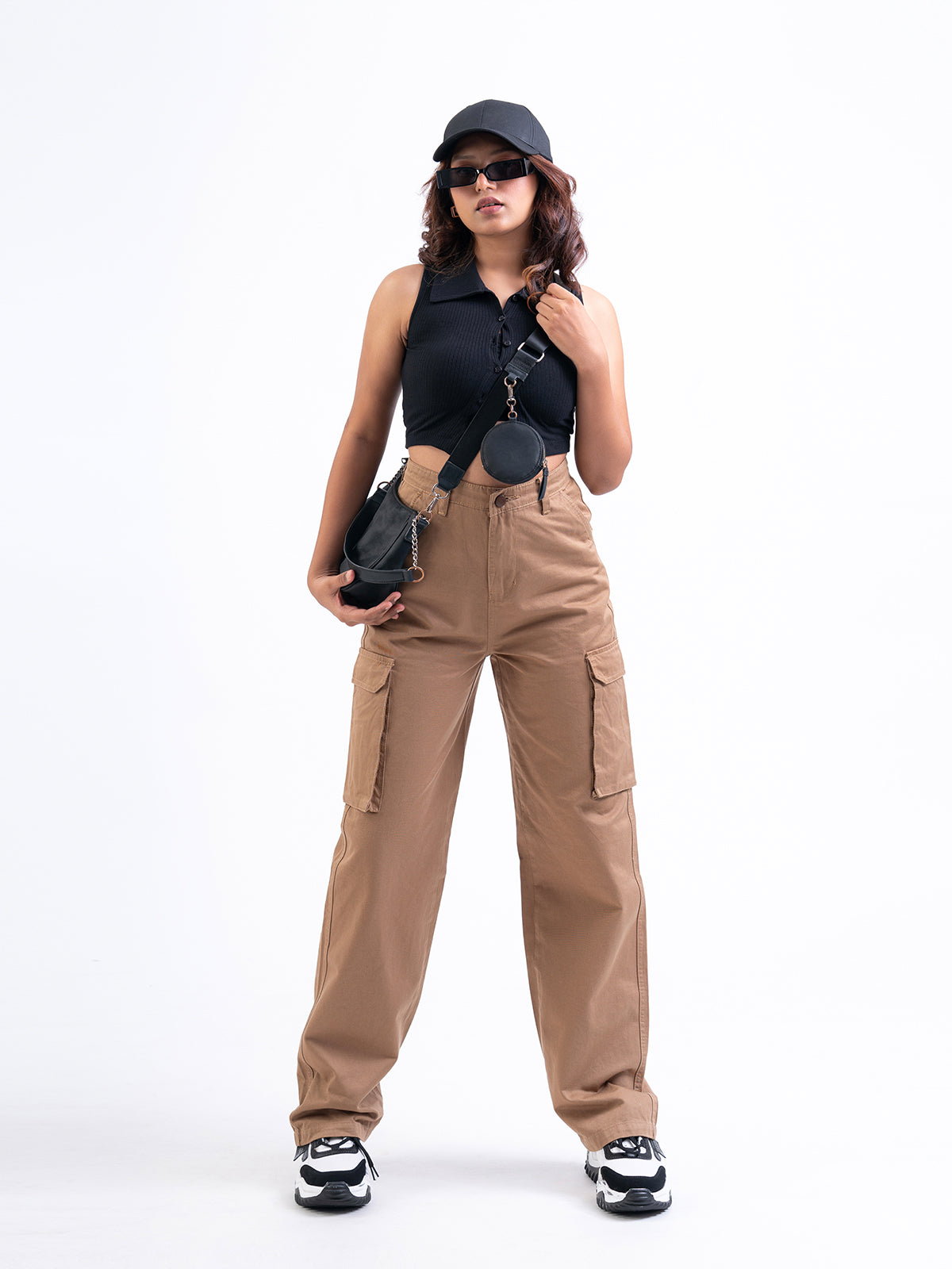 Tan High Waist Baggy Fit Twill Cargo Trouser