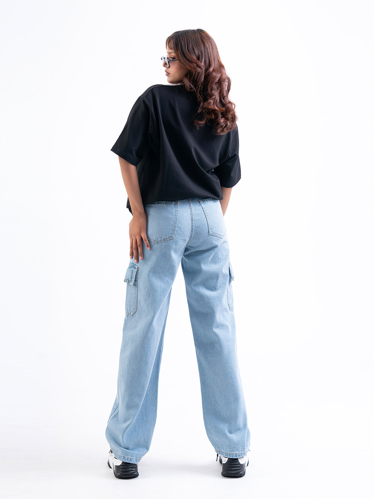 Ice Blue High Waist Wide Leg Denim Cargo