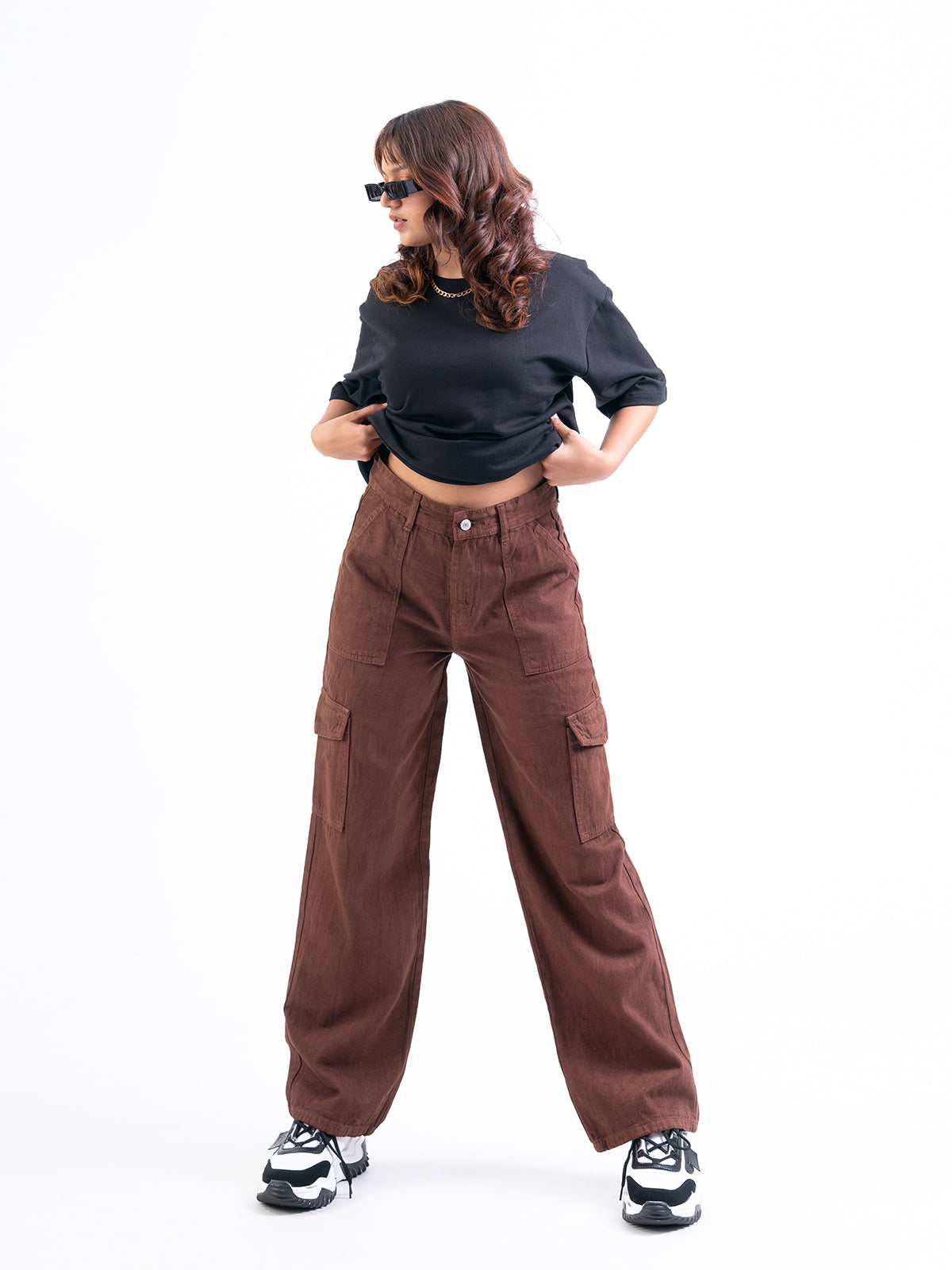 Brown High Waist Wide Leg Denim Cargo