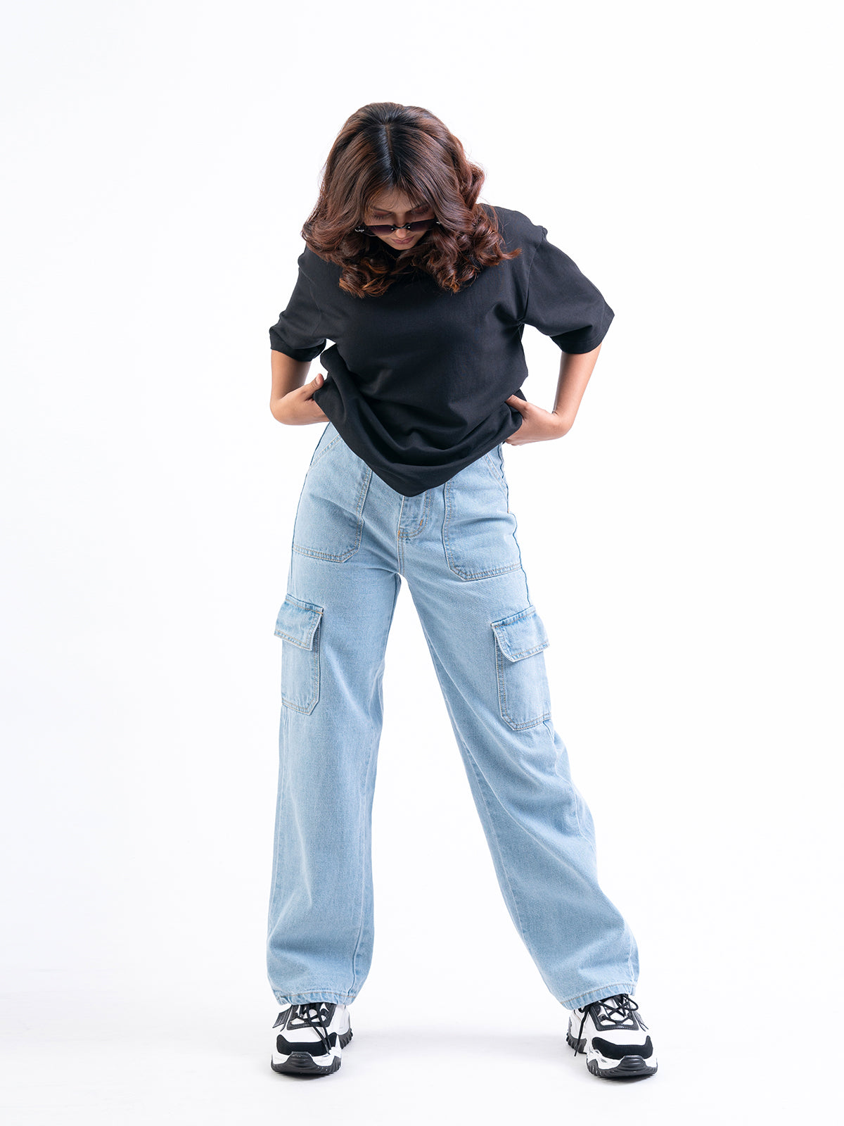 Ice Blue High Waist Wide Leg Denim Cargo