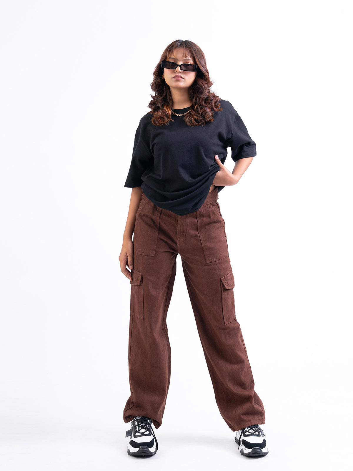 Brown High Waist Wide Leg Denim Cargo