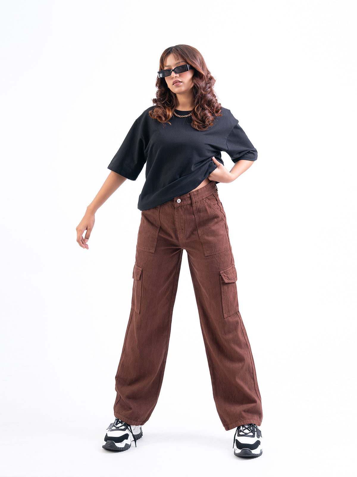 Brown High Waist Wide Leg Denim Cargo