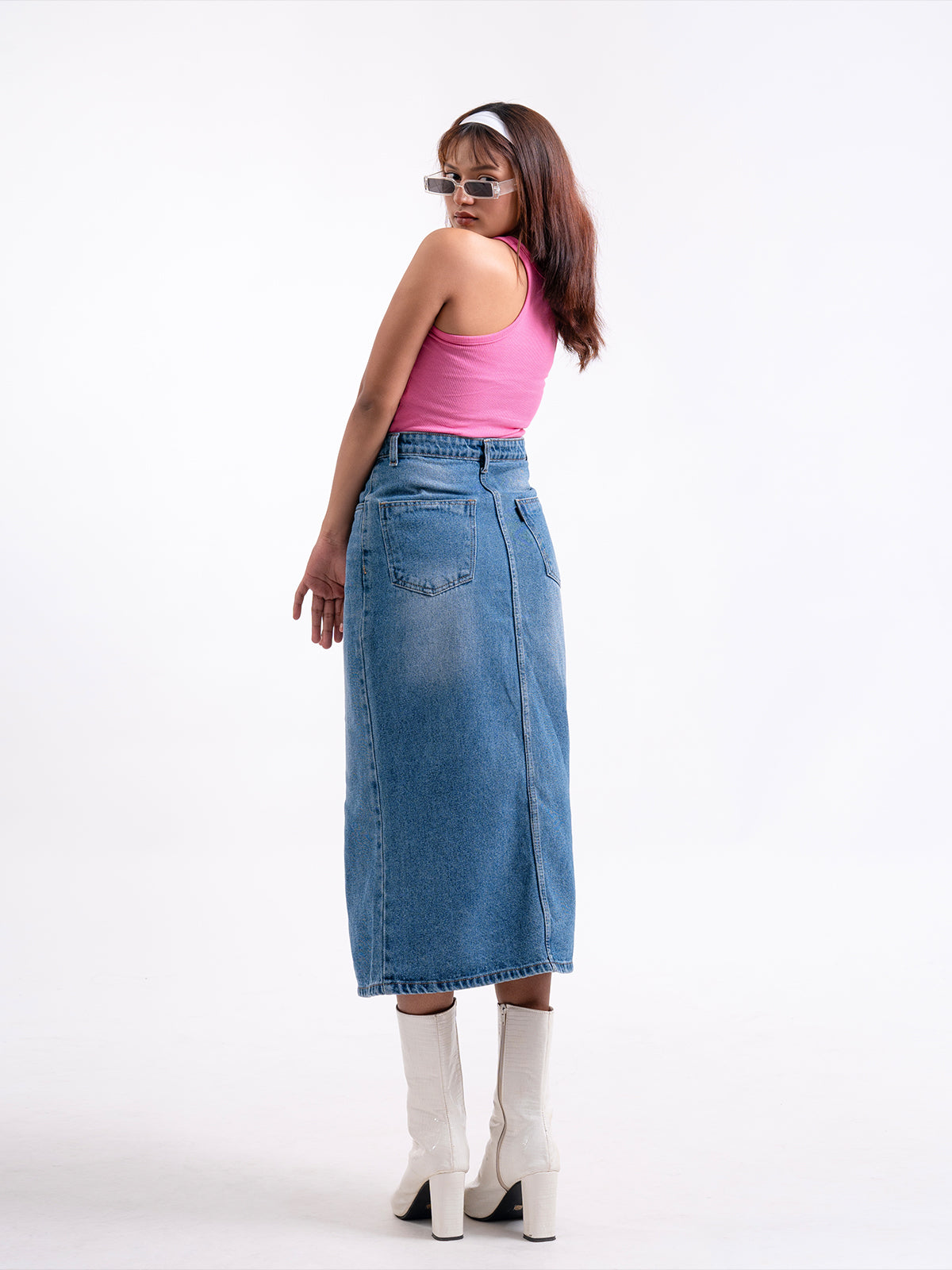 Premium Stone Blue Whisker Midi Skirt