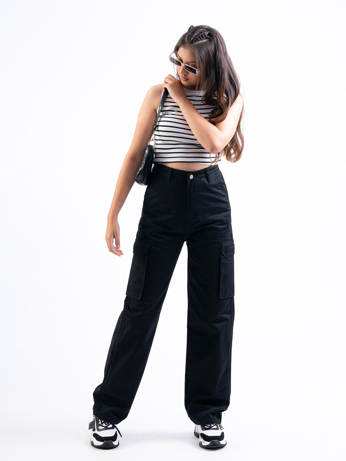 Black High Waist Baggy Fit Twill Cargo Trouser