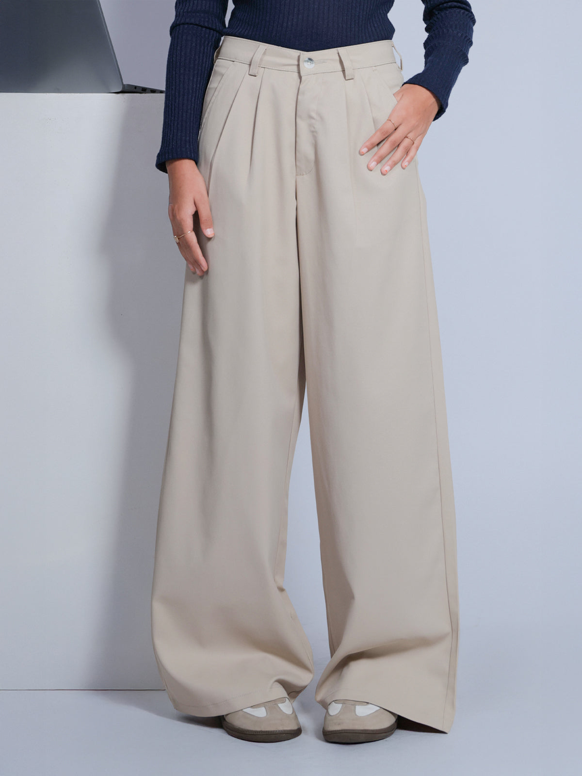Beige Double Pleated Korean Pant