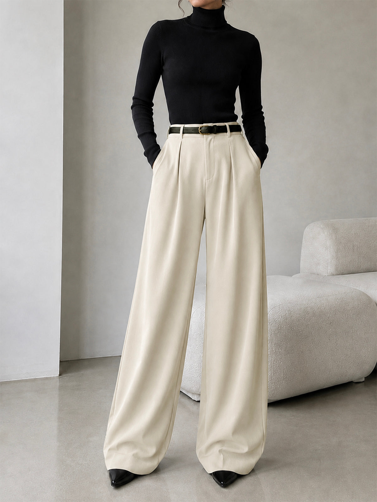 Vanilla Beige Pleated Wide Leg Korean Pants