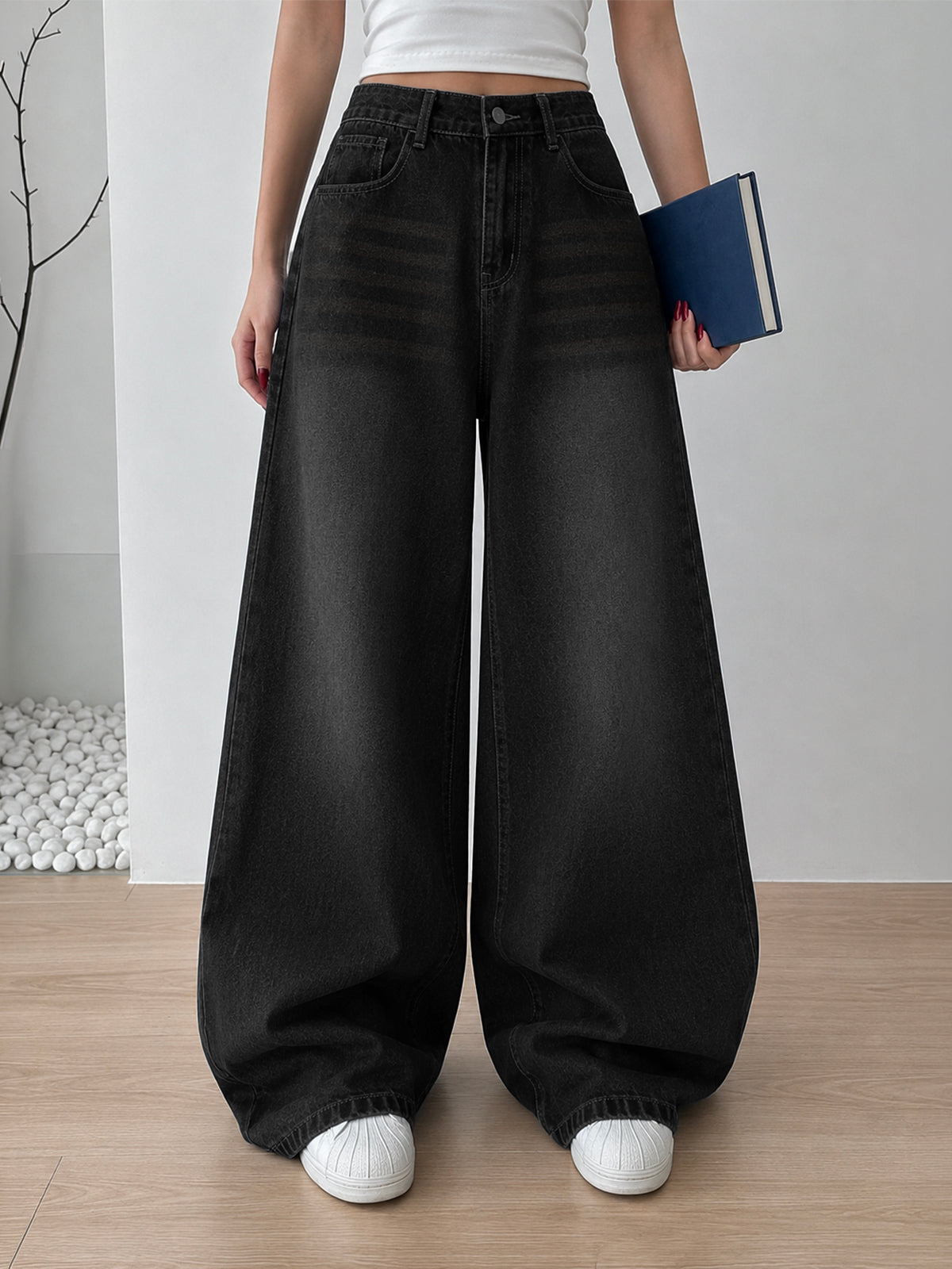 Night Black Tinted Super Wide Leg Jeans
