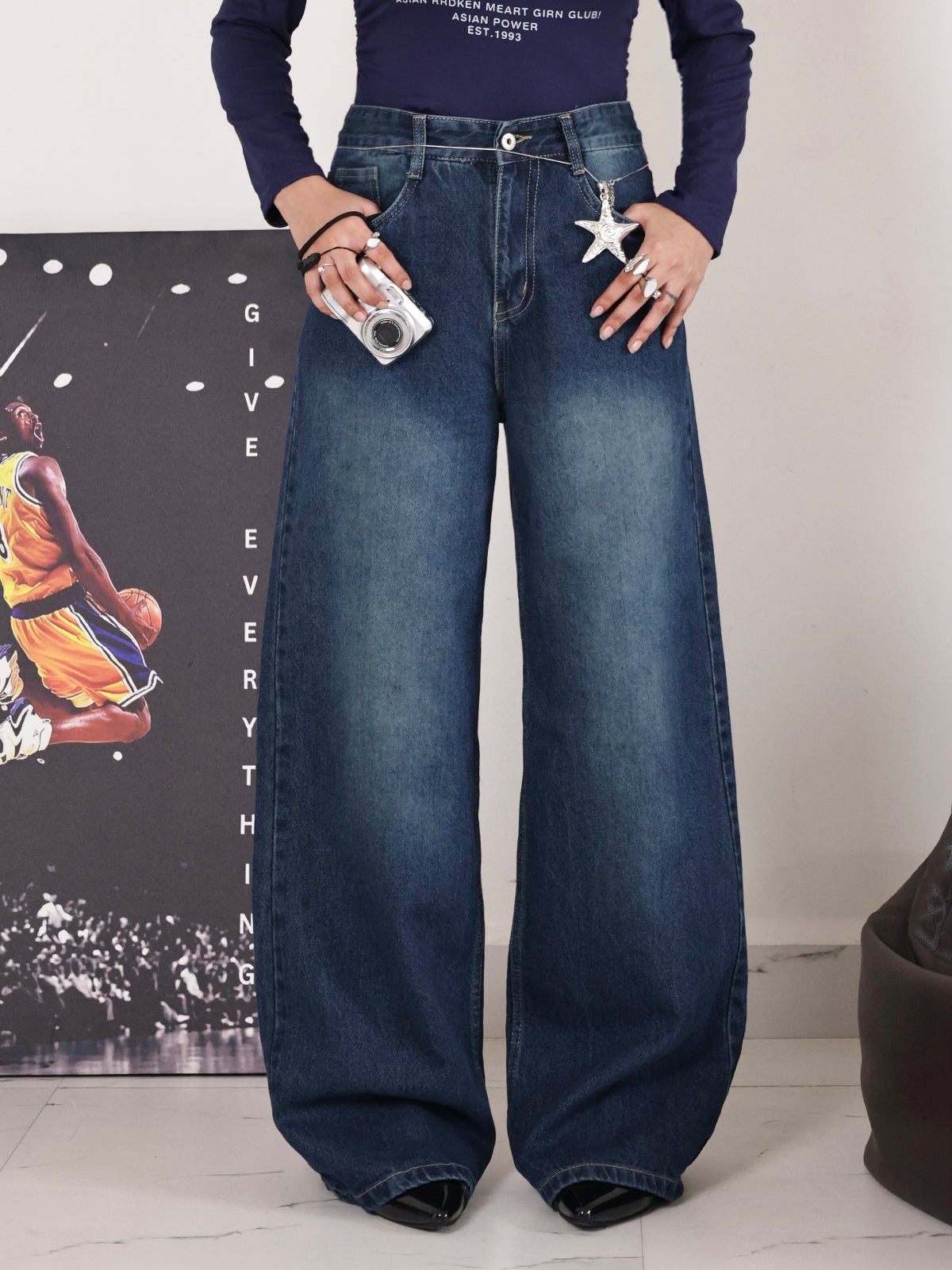 Marine Blue Washed Wide Leg Jeans