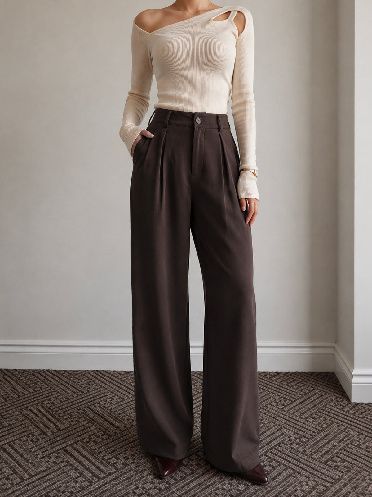 Dark Cocoa Brown Pleated Wide Leg Korean Pants