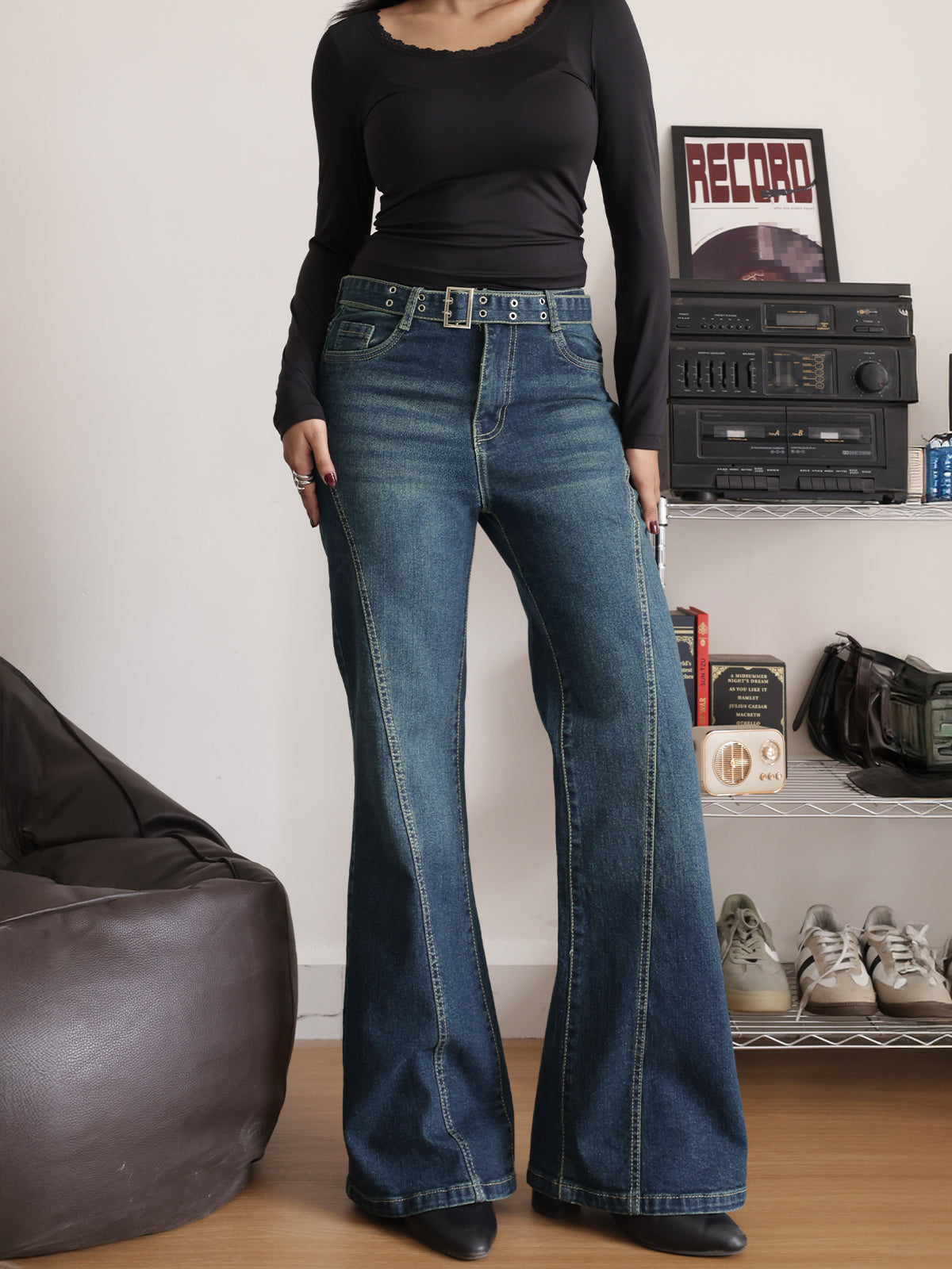 Midnight Ash Blue Belted Bootcut Jeans