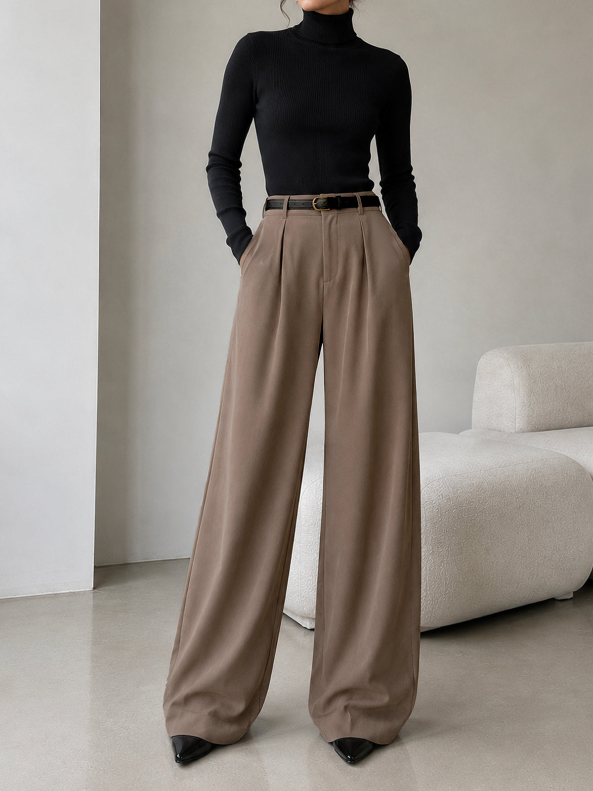 Latte Brown Pleated Wide Leg Korean Pants