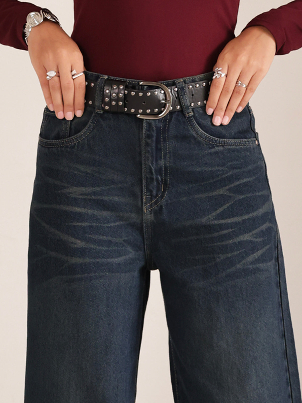 Deep Night Blue Whisker Super Wide Leg Jeans
