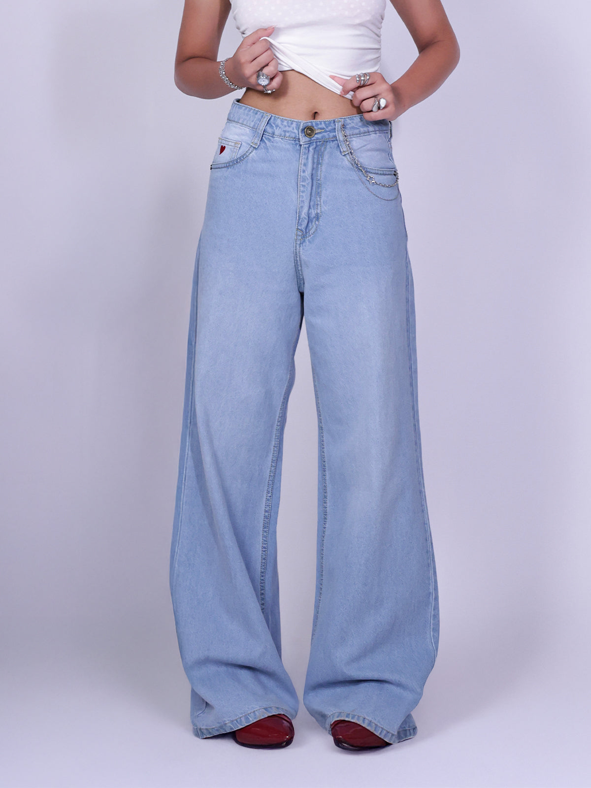 Summer Blue Embroidered Wide Leg Jeans