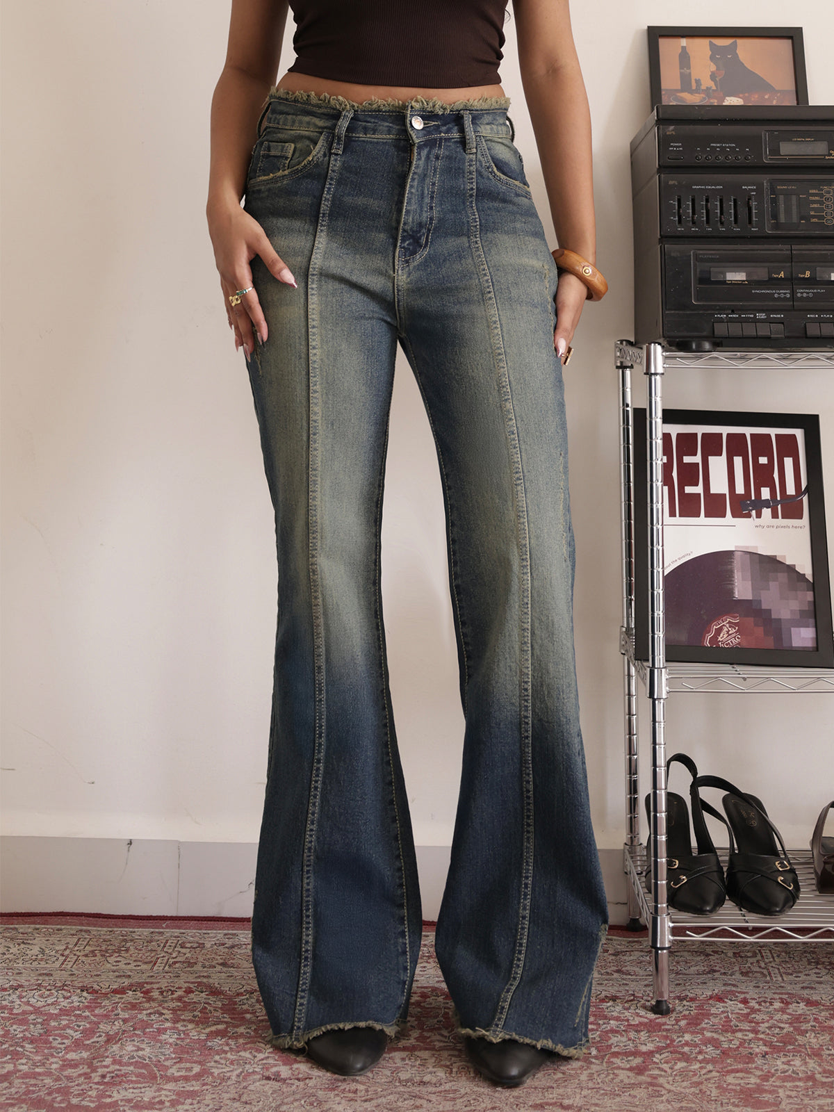 70s Stellar Blue Panelled Frayed Bootcut Jeans