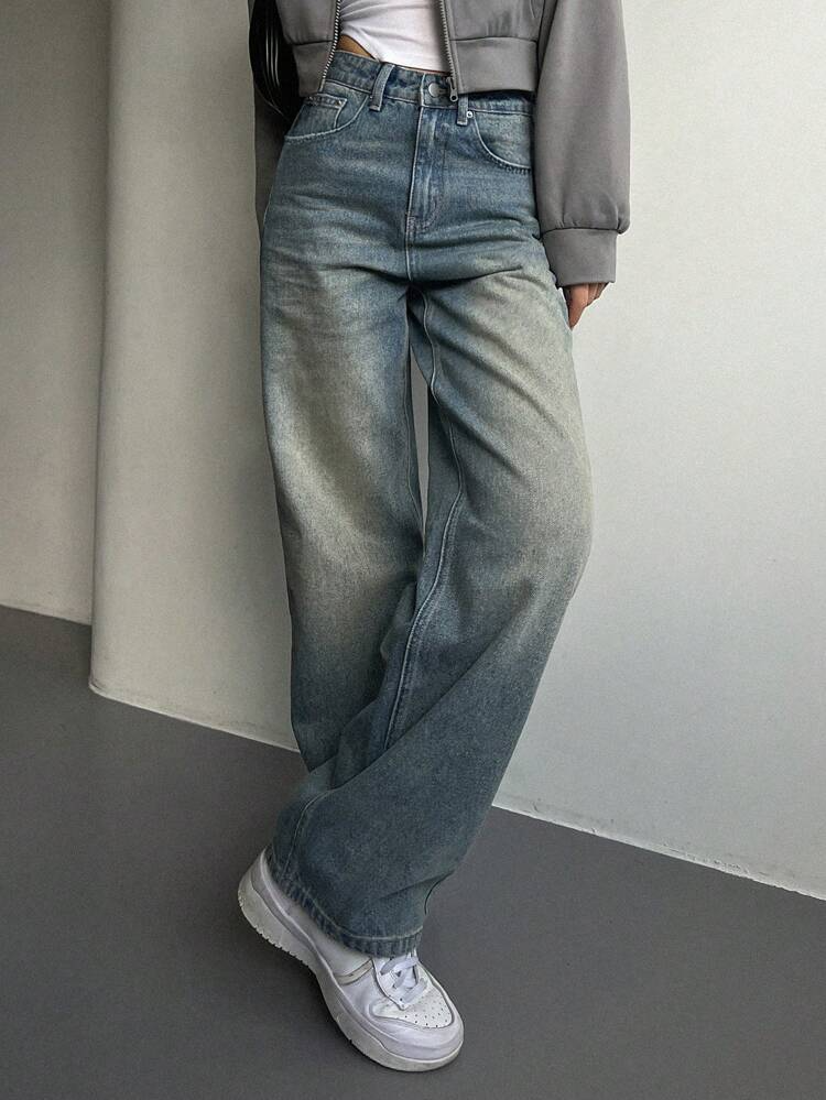 Dust Faded Blue Washed Stretchable Straight Fit Jeans