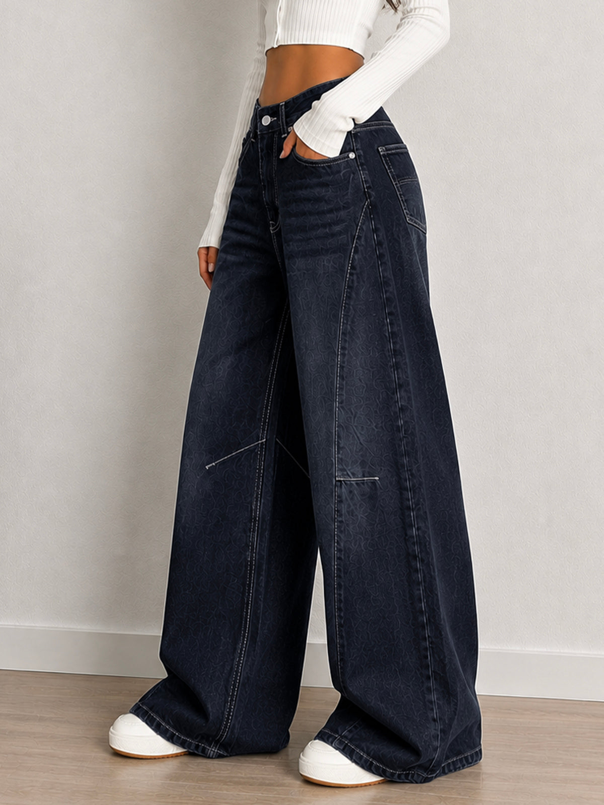 Ash Black Washed Panelled Wide Leg Jeans