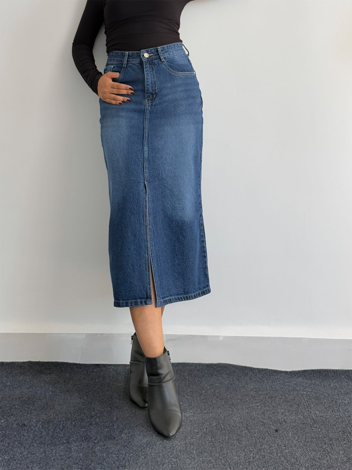 Premium Dark Blue Whisker Midi Skirt