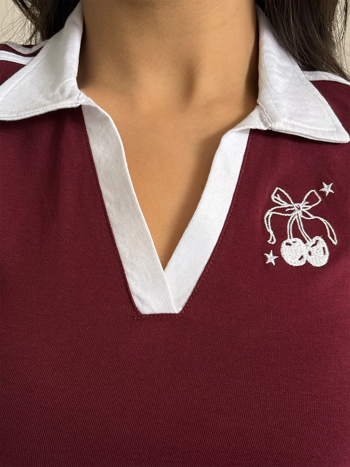 Deep Cherry Contrast Detail Embroidered Polo Tee