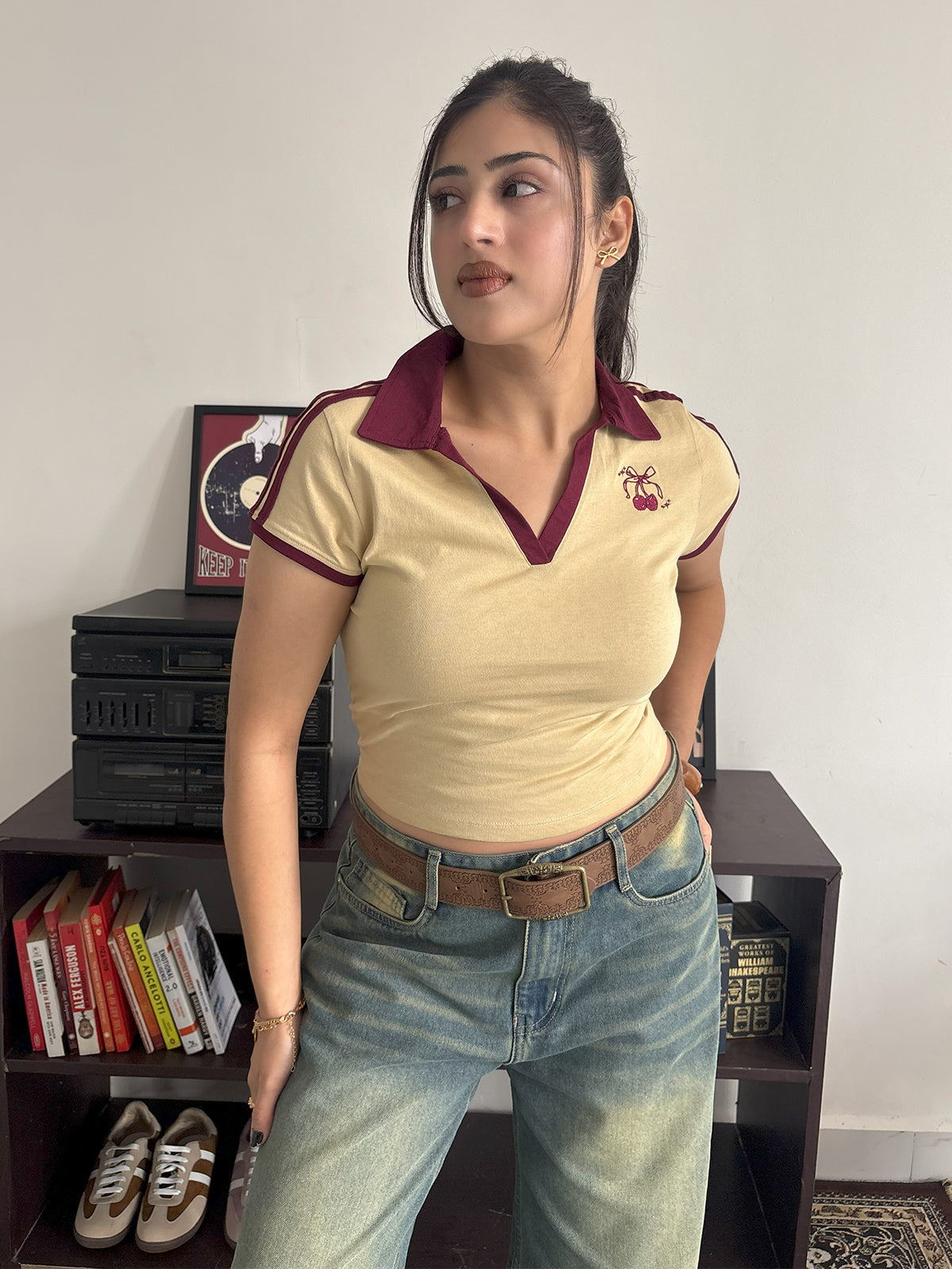 Beige Contrast Detail Embroidered Polo Tee