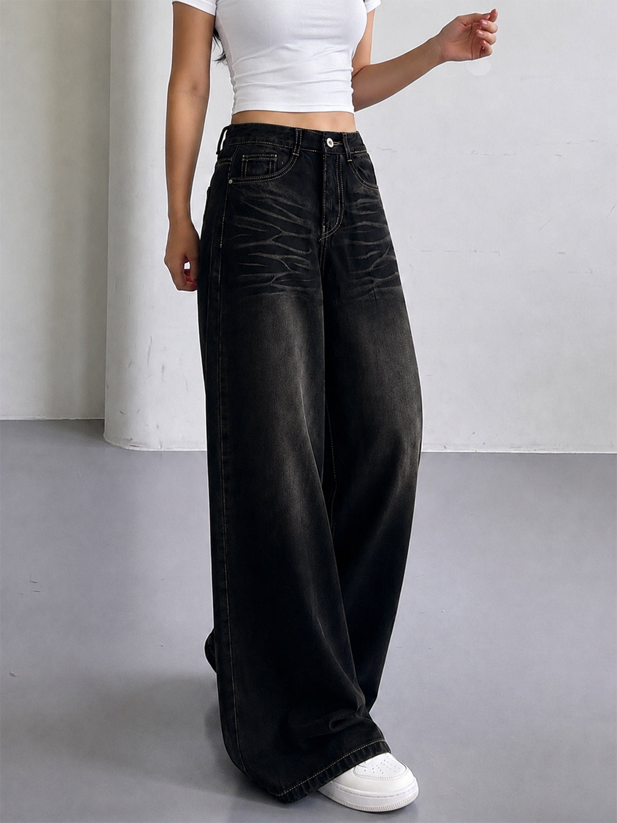 Shadow Black Whisker Super Wide Leg Jeans