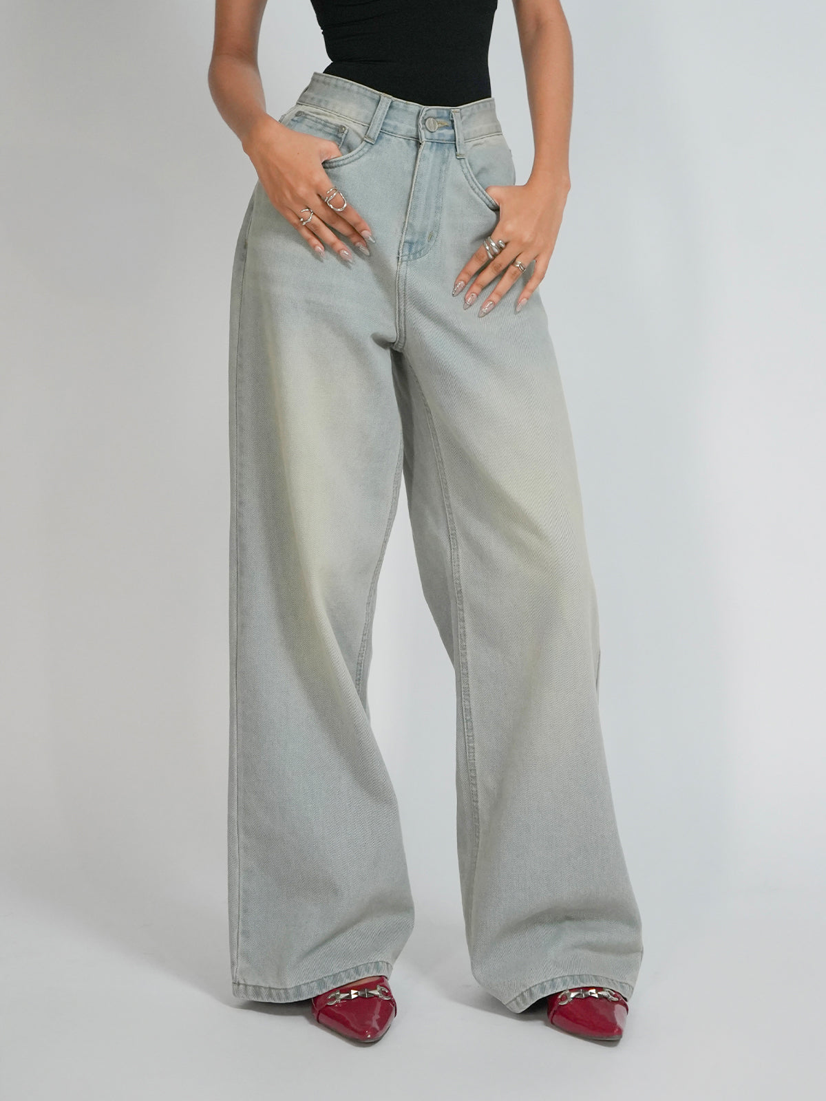 Pale Blue Dirty Wash Wide Leg Jeans