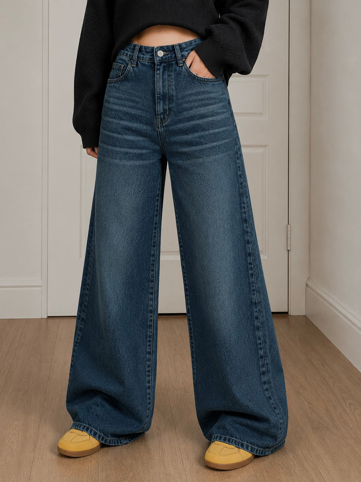 Winter Blue Whisker Super Wide Leg Jeans