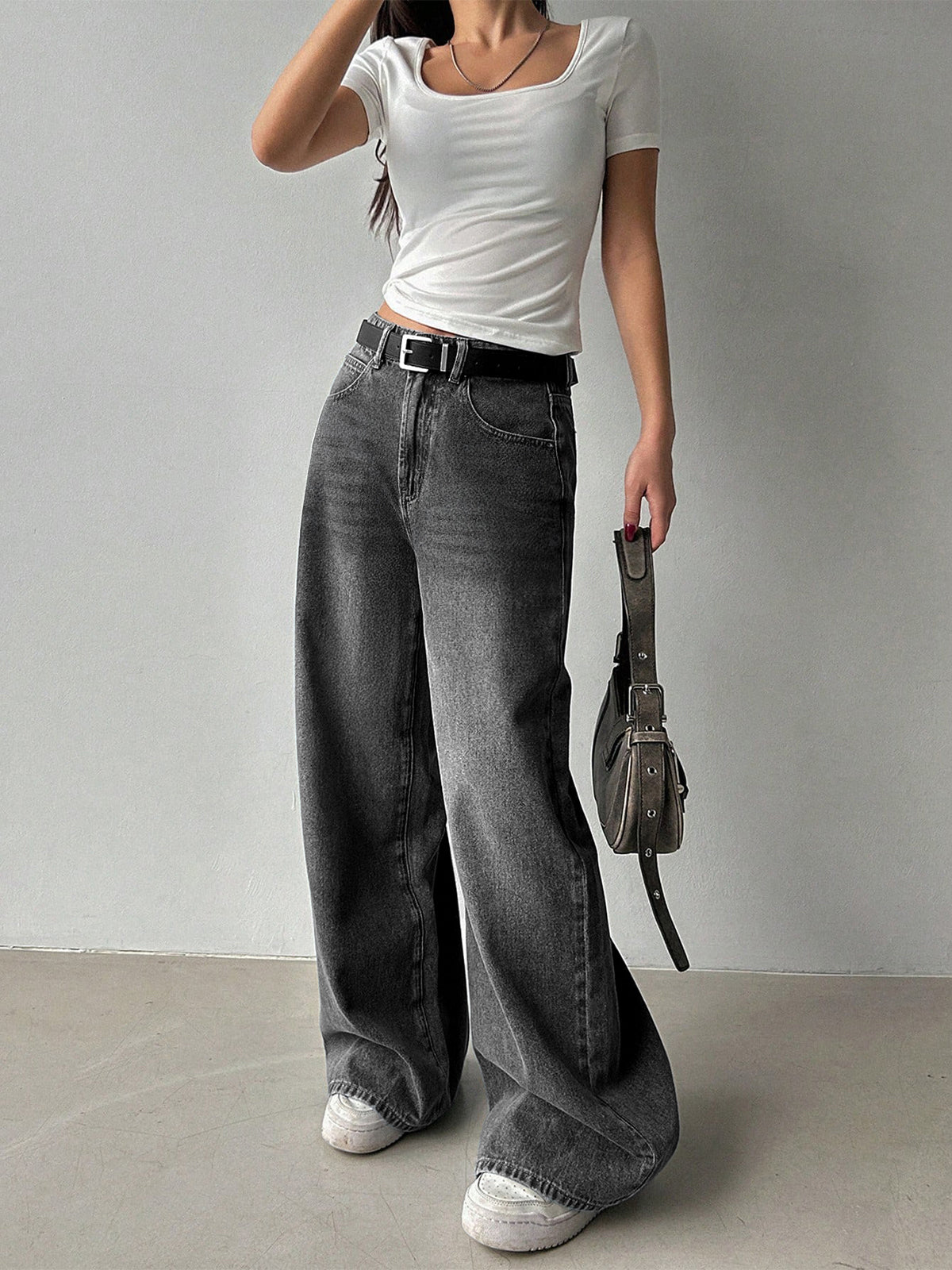 80'S Ash Grey Washed Super Wide Leg Jeans