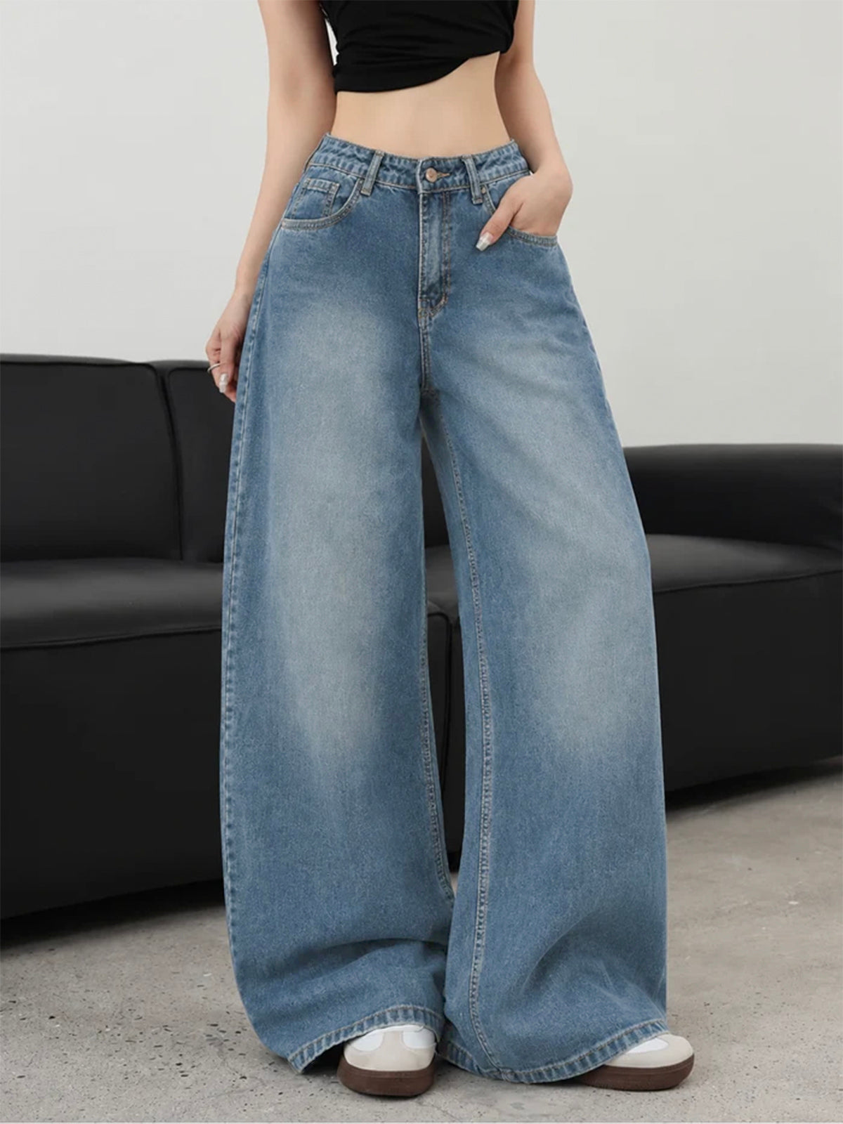 Faded Blue Washed Ultra Wide Leg Jeans