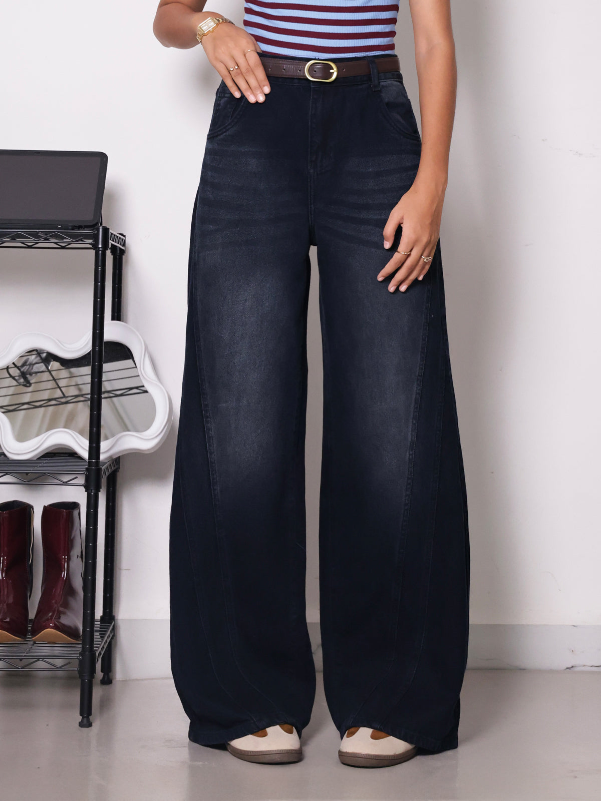 Arctic Black Panelled Super Wide Leg Jeans