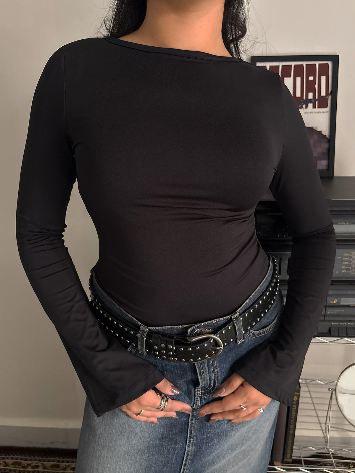 Black Boat Neck Bell Sleeve Slim Fit Top