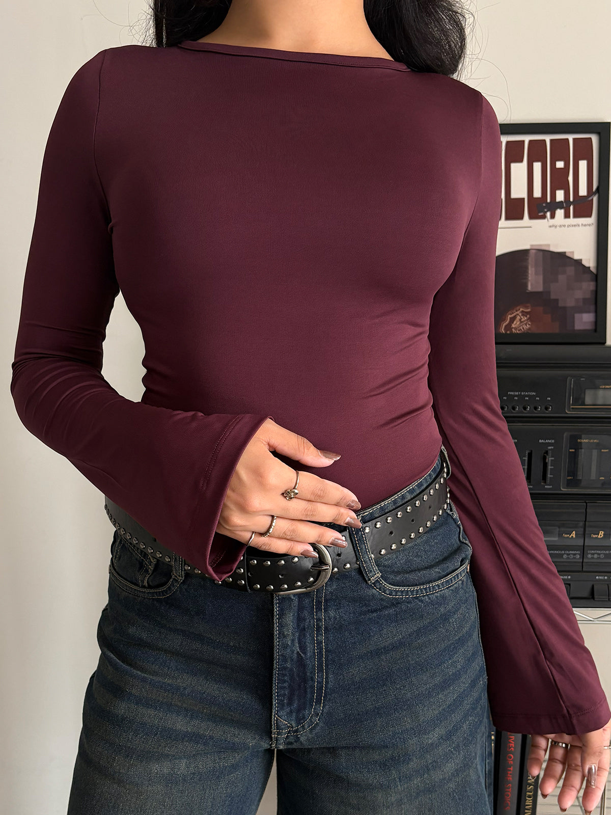 Plum Boat Neck Bell Sleeve Slim Fit Top