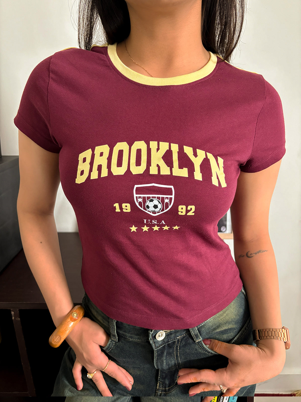 Deep Cherry Brooklyn Contrast Detail Graphic Baby Tee