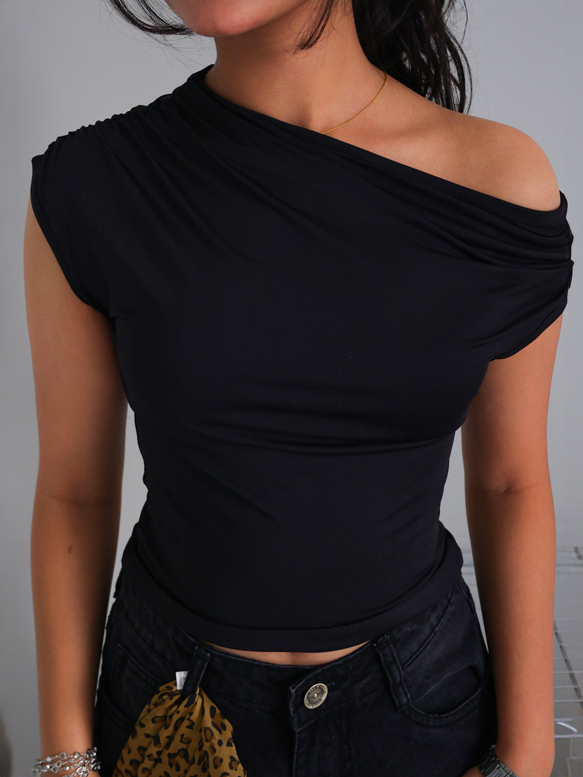 Black Asymmetrical Neck Slim Fit Top