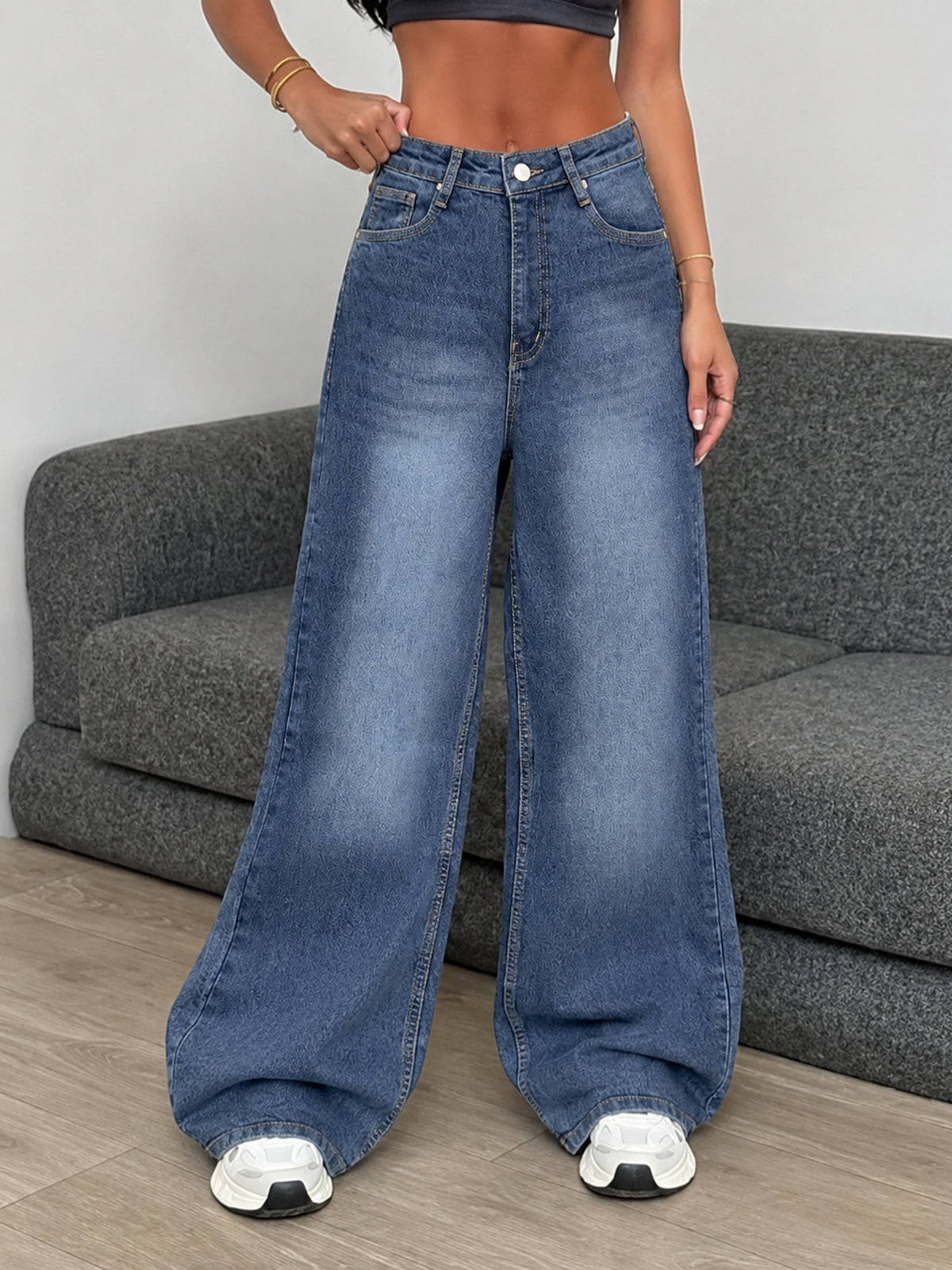 Luxe Drip Blue Washed Stretchable Wide Leg Jeans