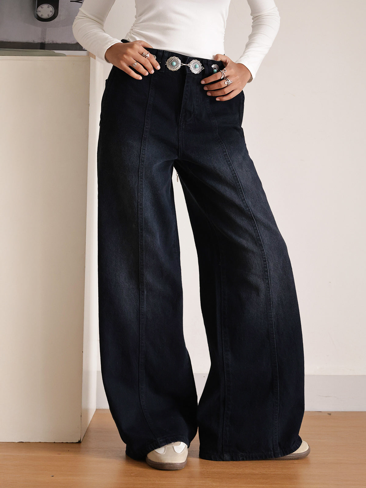 Alaska Black Panelled Super Wide Leg Jeans