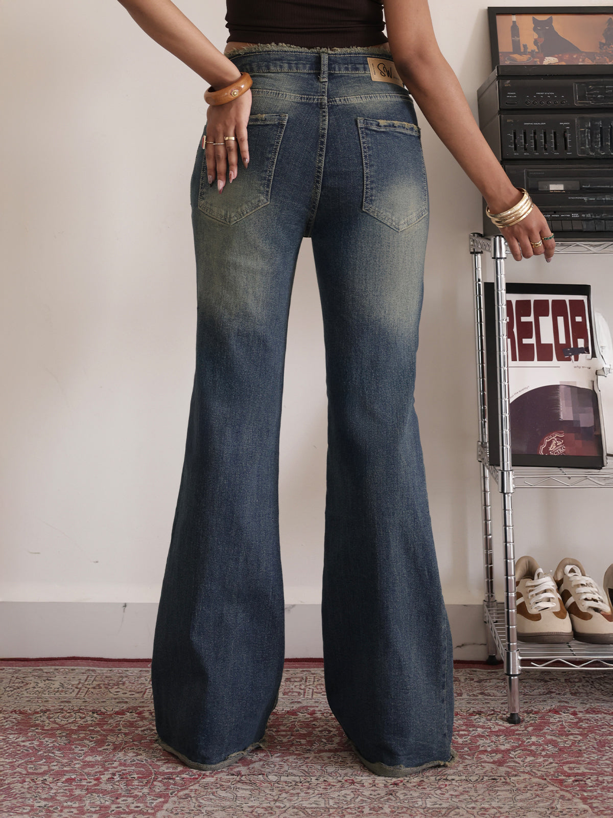 70s Stellar Blue Panelled Frayed Bootcut Jeans
