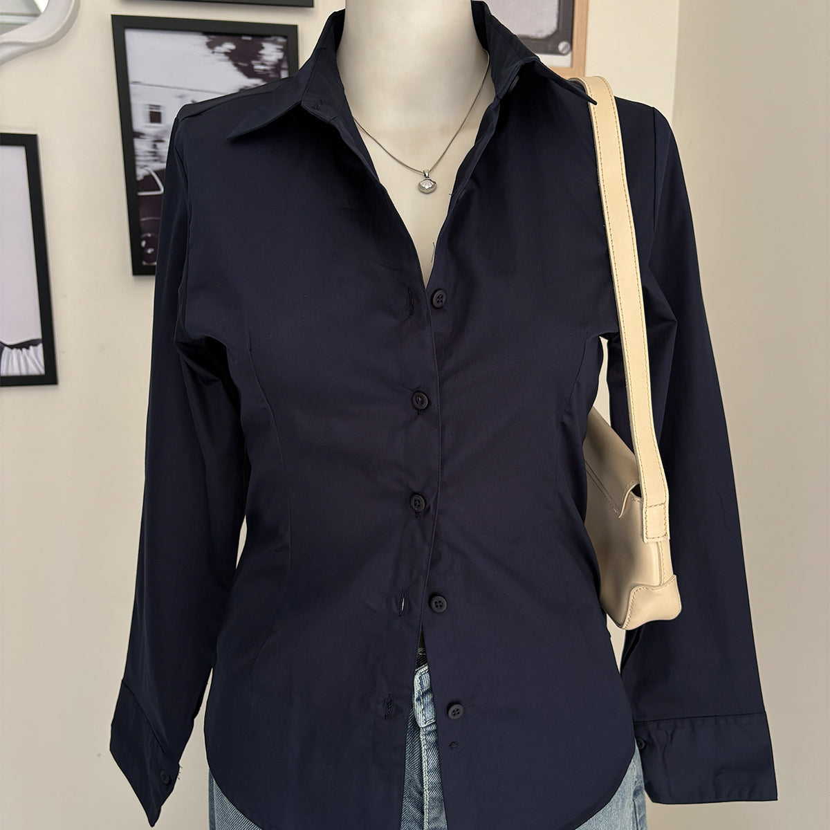 Navy Long Sleeve Y2K Fitted Shirt