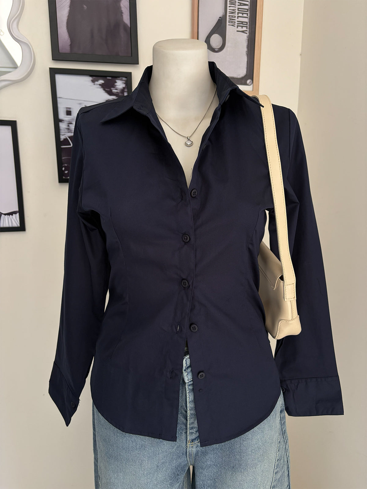 Navy Long Sleeve Y2K Fitted Shirt