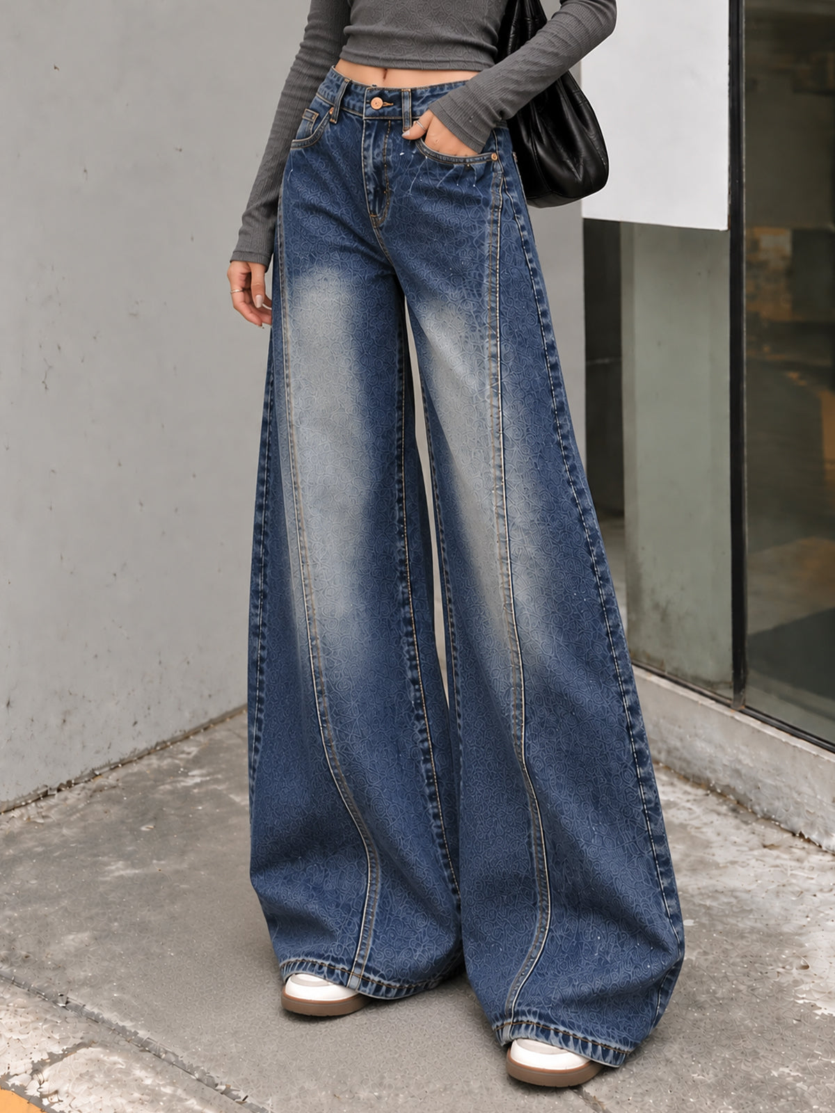 Moon Blue Panelled Washed Super Wide Leg Jeans