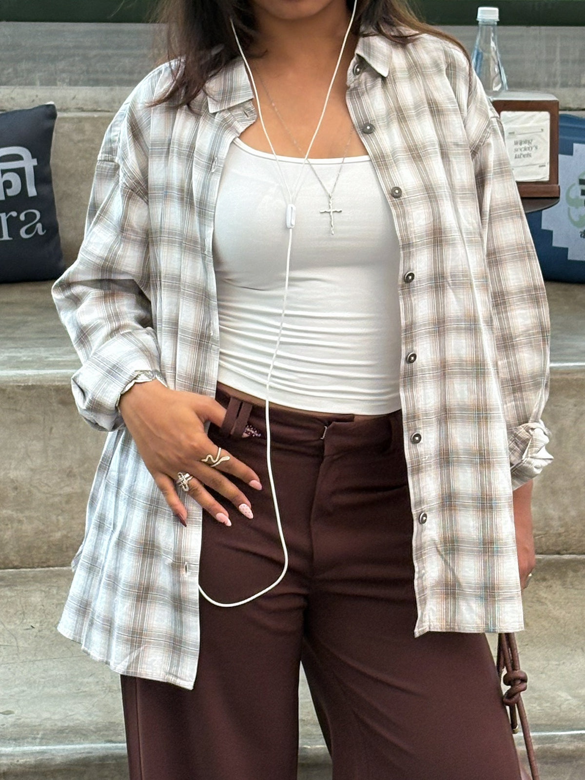 Greige Plaid Oversized Shirt