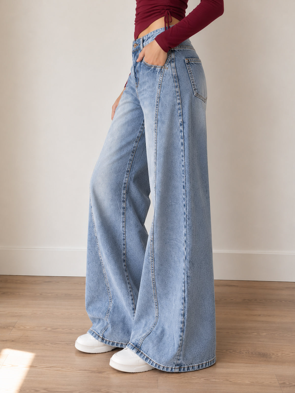 French Blue Panelled Washed Super Wide Leg Jeans