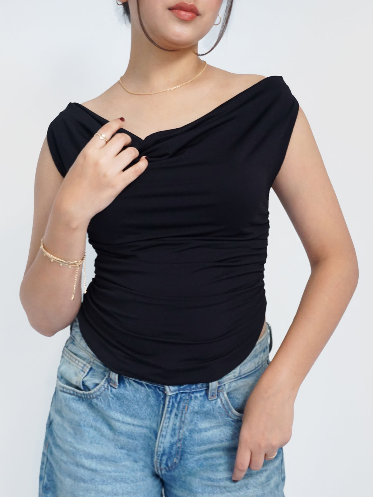 Black Ruched Cowl Neck Top