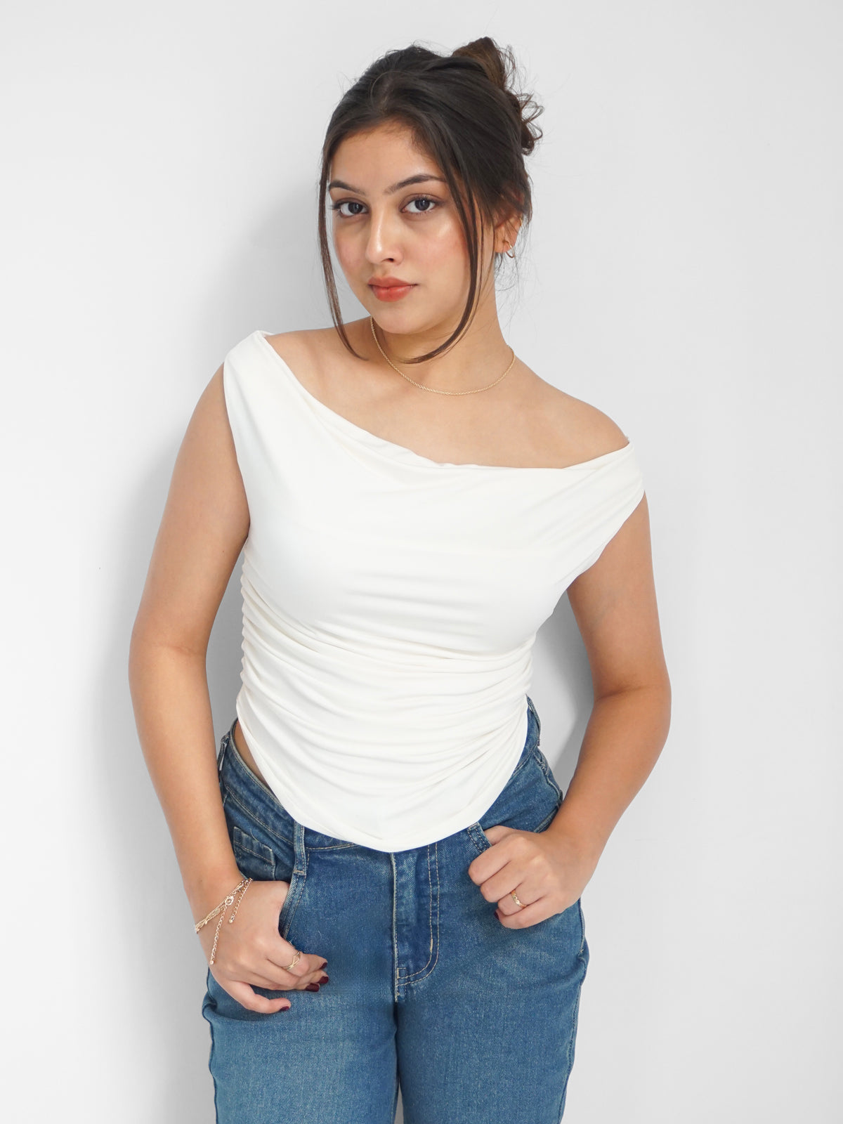 White Ruched Cowl Neck Top