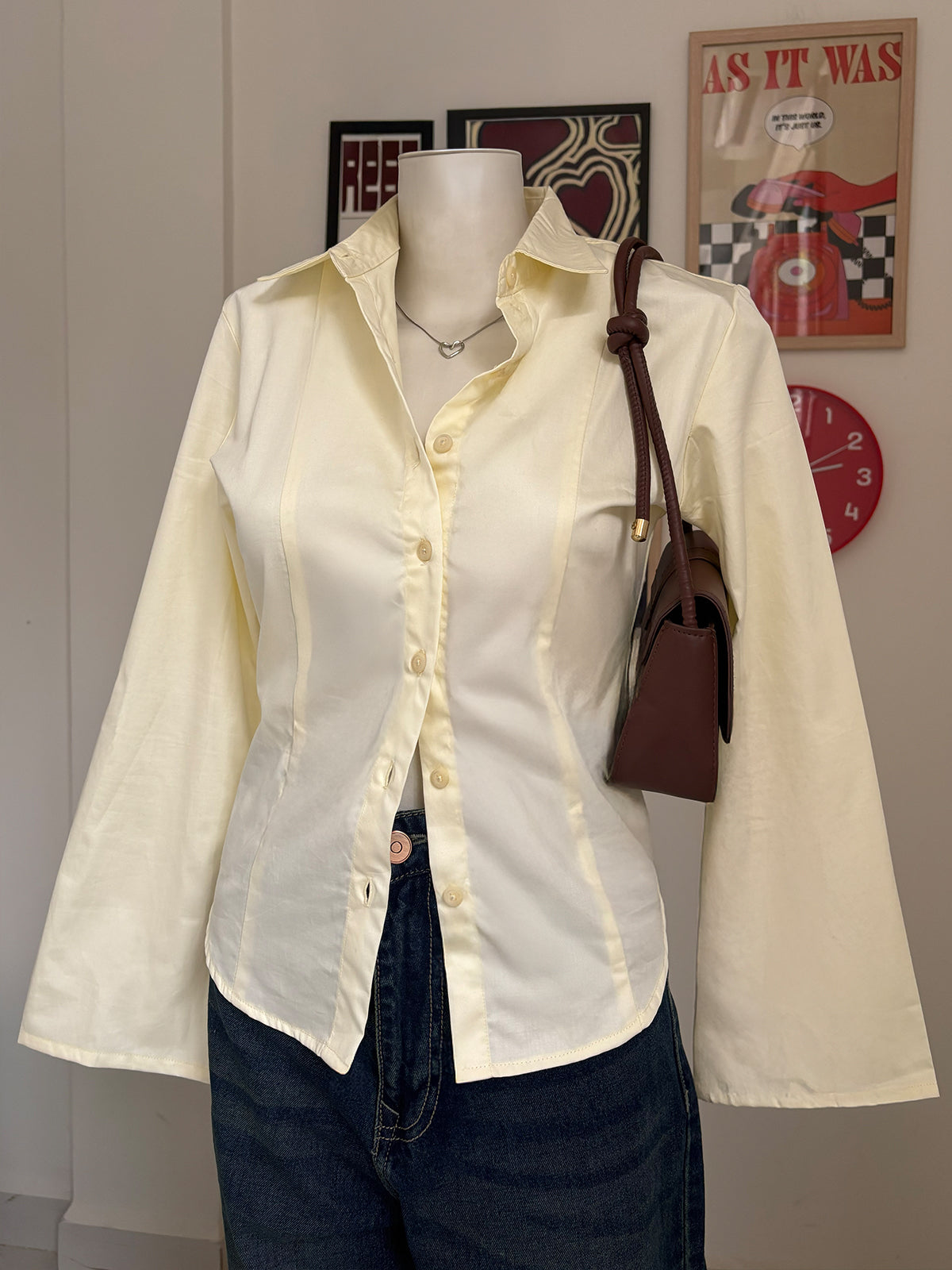 Butter Yellow Flared Sleeve Y2K Fitted Shirt