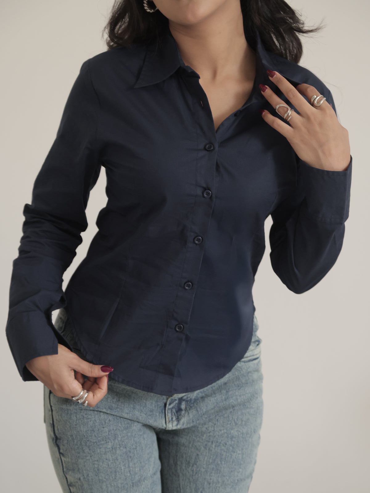 Navy Long Sleeve Y2K Fitted Shirt