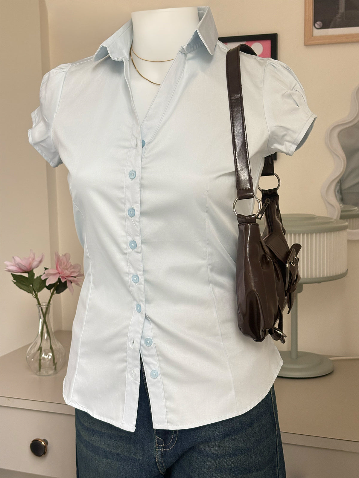 Powder Blue Short Sleeve Y2K Fitted Shirt