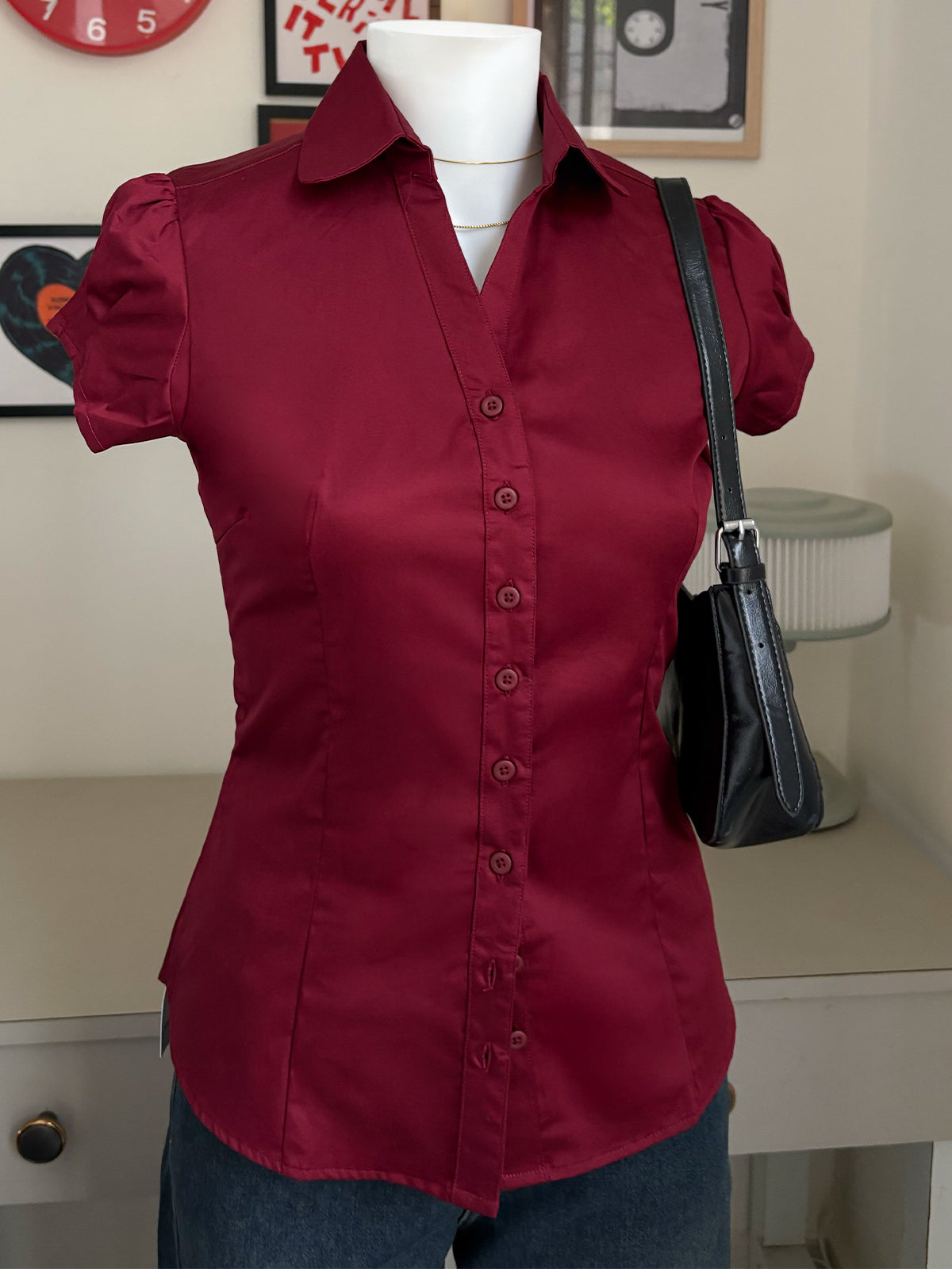 Cherry Red Short Sleeve Y2K Fitted Shirt