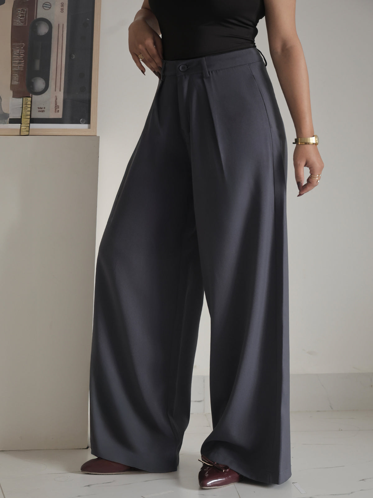 Ash Grey Pleated Wide Leg Korean Pants
