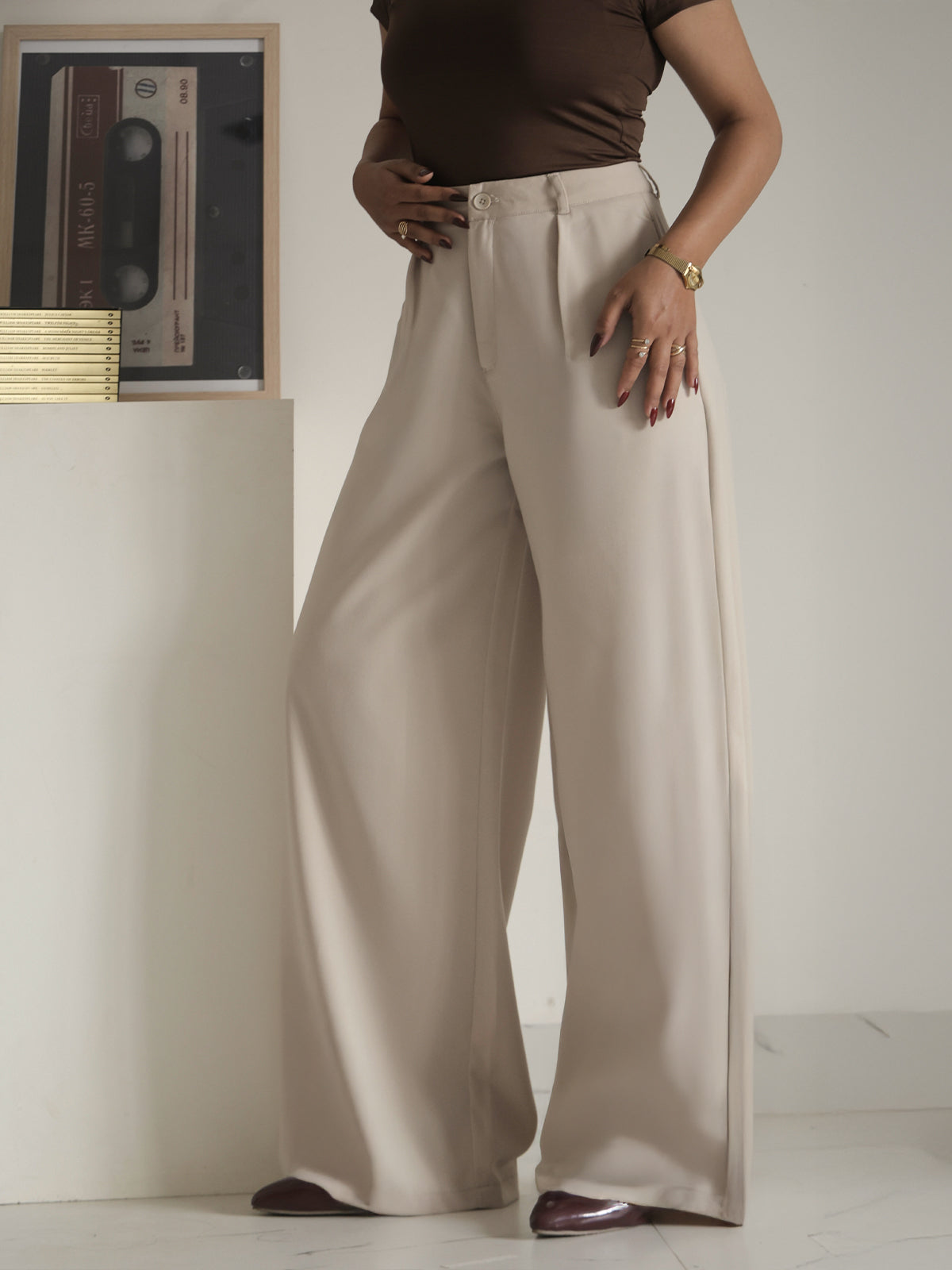 Muted Beige Pleated Wide Leg Korean Pants