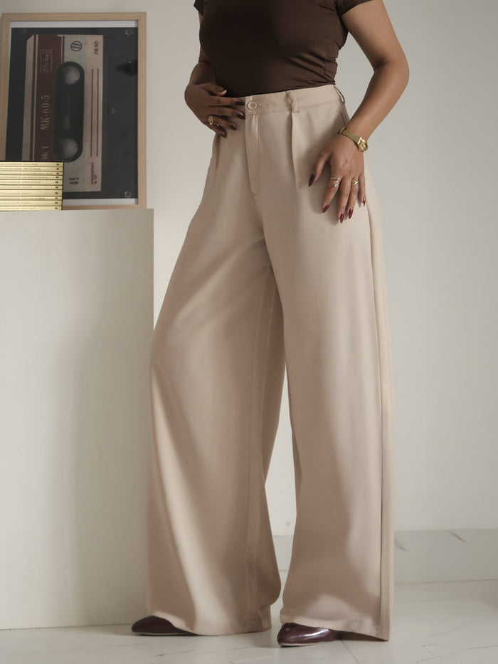 Warm Beige Pleated Wide Leg Korean Pants